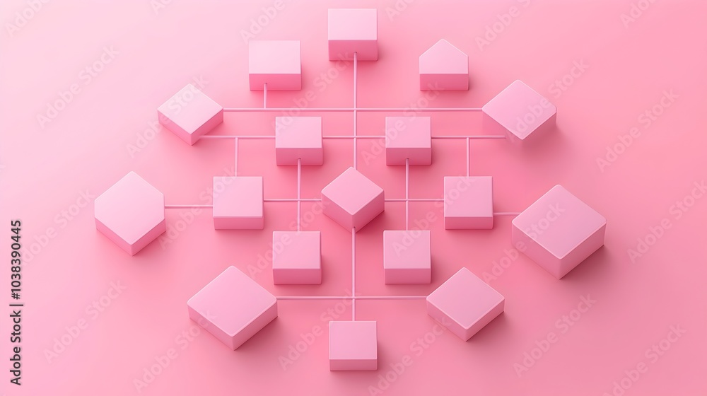 Poster pastel colored 3d flow chart with smooth lines and geometric shapes on a minimalist pink background