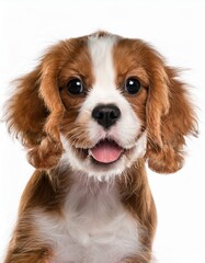 Fototapeta premium 笑顔のキャバリア・キング・チャールズ・スパニエルの子犬のポートレート（Portrait of a smiling Cavalier King Charles Spaniel puppy on white background） 