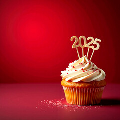banner happy new year 2025 text card on red holiday background with cupcake