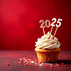 banner happy new year 2025 text card on red holiday background with cupcake