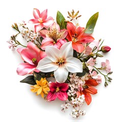 Vibrant floral arrangement with diverse blossoms on a white background