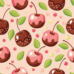 Sweet, dark chocolate-covered cherries with pastel-colored cherry leaves and balls.seamless pattern vector.