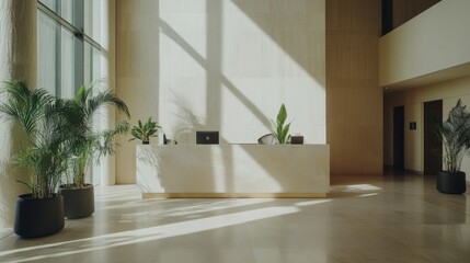 Modern Office Reception with Natural Light and Greenery