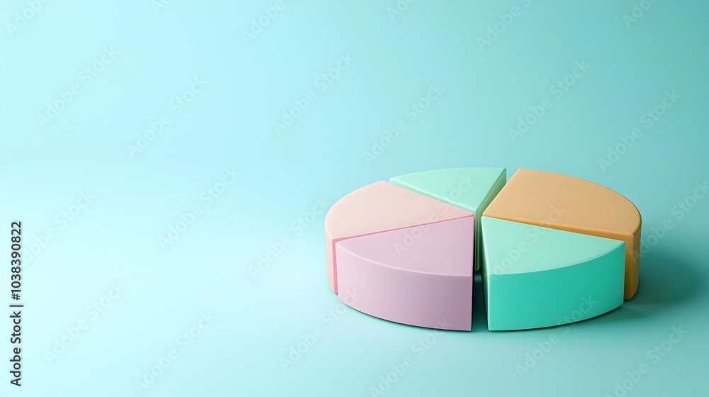 Poster pastel colored 3d pie chart on soft blue background for data presentation