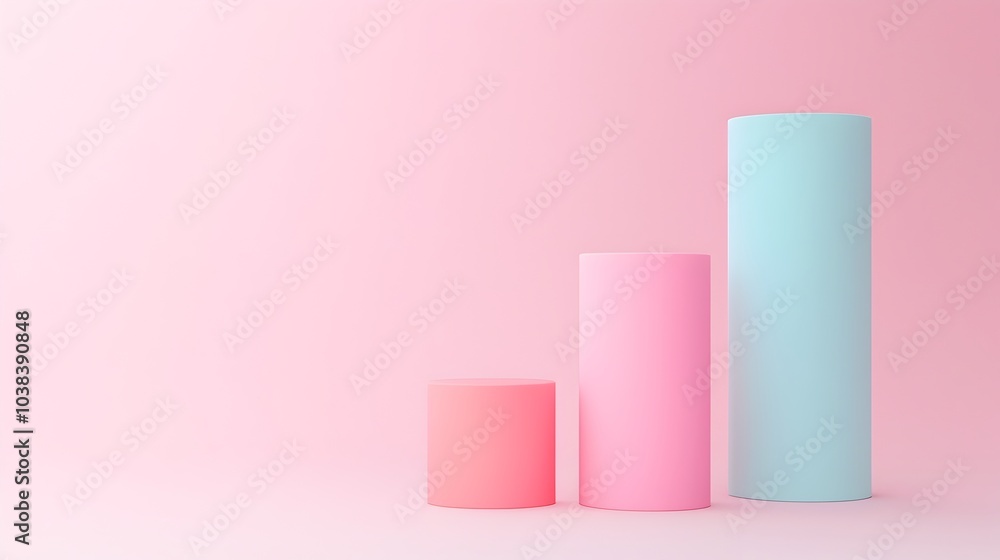 Poster pastel colored 3d bar chart floating on a light pink background with ample copy space