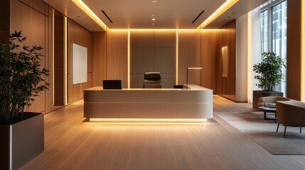 A modern minimalist office with soft lighting, sleek furniture, and high-end finishes, exuding elegance and professional style