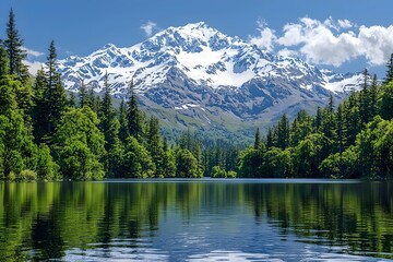 Fototapeta premium A serene view of a snow-capped mountain reflecting on a tranquil lake, surrounded by lush green trees under a clear blue sky.
