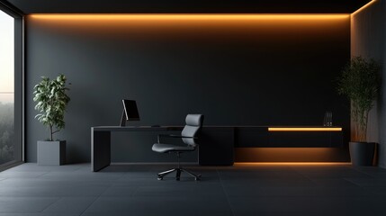 A modern minimalist office with soft lighting, sleek furniture, and high-end finishes, exuding elegance and professional style