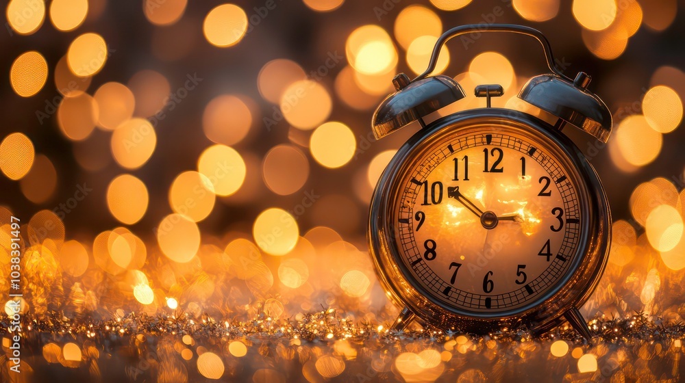 Poster a classic silver alarm clock with a blurred bokeh background of sparkling lights.