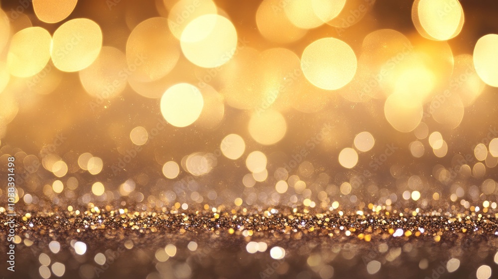 Poster gold glitter backdrop with sequins and bokeh. luxurious visual effect.