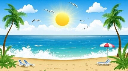 Obraz premium Sunny Beach Scene with Palm Trees and Blue Ocean