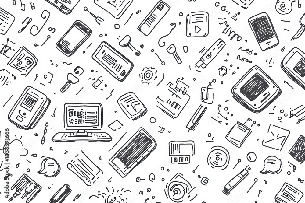 Aufkleber a collection of hand-drawn doodles showcases technology items, including smartphones, computers, and