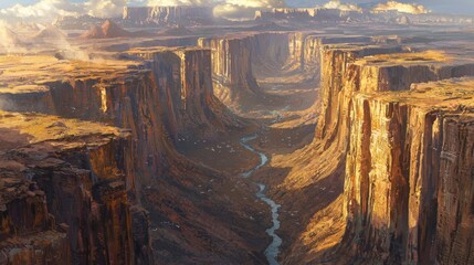 A planet carved by massive canyons that stretch for miles, with towering cliff walls and deep chasms. Alien rivers flow at the canyon bottoms, and narrow bridges and paths link the canyon ridges