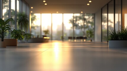 Beautiful blurred background of a light modern office interior with panoramic windows and beautiful lighting.