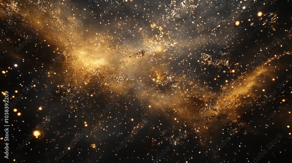 Poster cosmic backdrop with shimmering gold particles, capturing wonder in motion