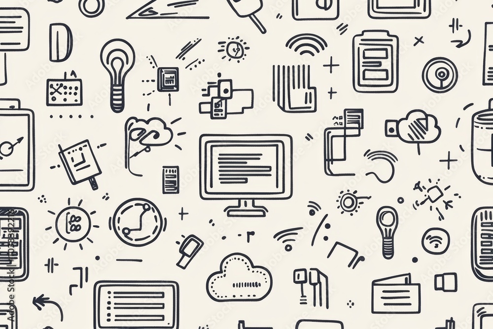 Aufkleber creative doodles depict various technology items like computers, smartphones, coding symbols, and cl