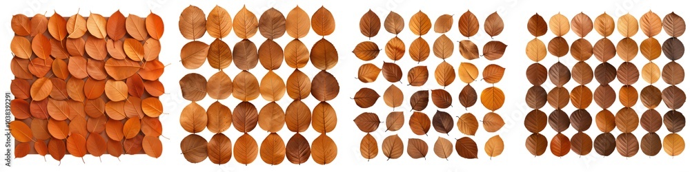 Poster a collection of brown circular elements arranged in various patterns on a white isolated background.