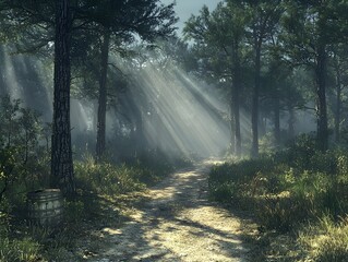 Obraz premium A serene forest path bathed in soft sunlight, showcasing lush greenery and misty air, evoking a tranquil and peaceful atmosphere.