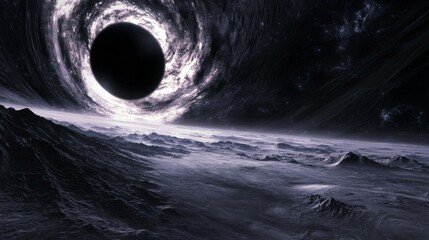 A dark and mysterious planet orbiting near a black hole, with the sky dominated by swirling, luminous gases being pulled into the void