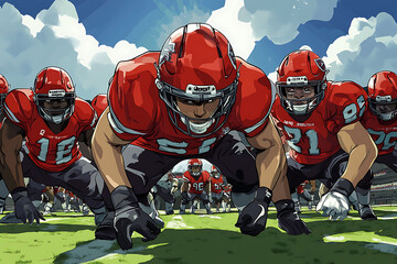 A dynamic illustration of a football team preparing for a play on the field.