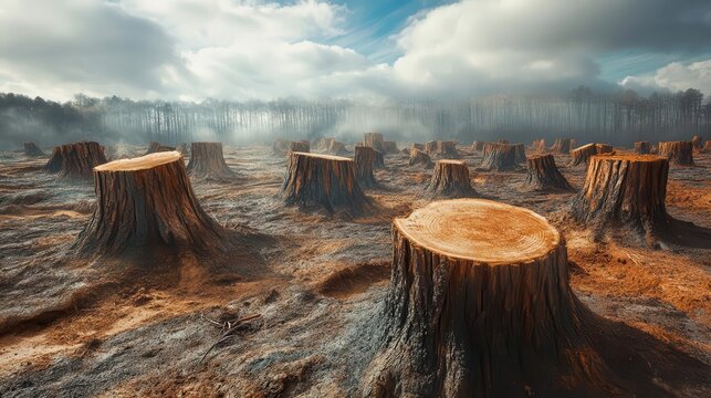 a haunting landscape of deforestation reveals stark tree stumps against a desolate terrain, reflecting the tragic impact of environmental destruction and the urgent need for conservation