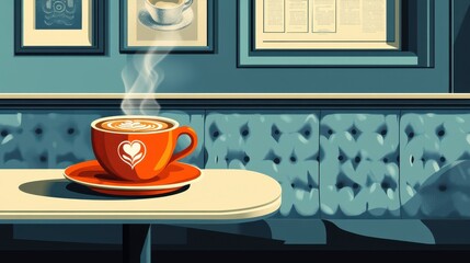 Obraz premium Stylized of a steaming cup of coffee with latte art in a cozy cafÃ© setting.