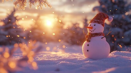 Obraz premium Snowman in snowy landscape radiating warmth and cheer. Festive season.