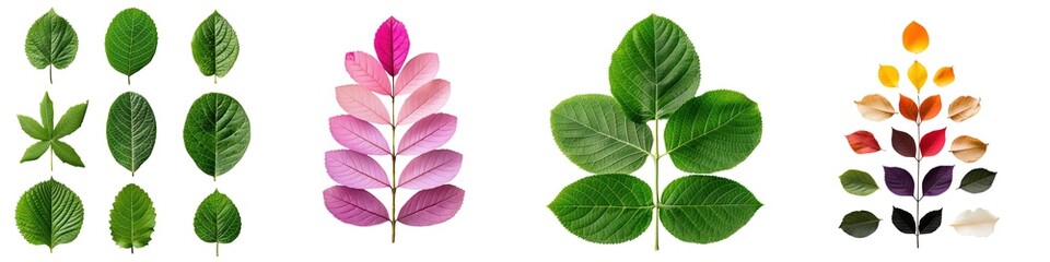 Obraz premium Collection of diverse leaves arranged in distinct patterns on a white isolated background.