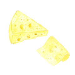 Hand drawn watercolor pieces of cheese with a slice isolated on white background. Can be used for postcard, label, scrapbook and other printed products.