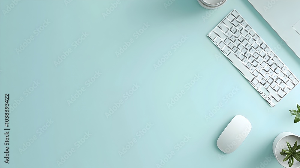 Poster minimal modern workspace with keyboard and mouse in pastel colors