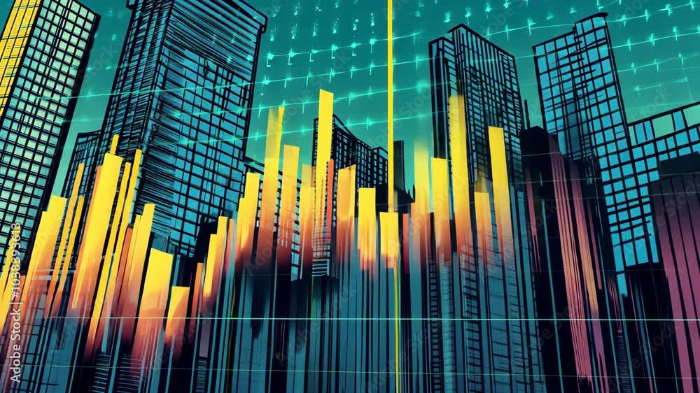 Aufkleber a stylized image of a city skyline with abstract skyscrapers and colorful bars representing data and