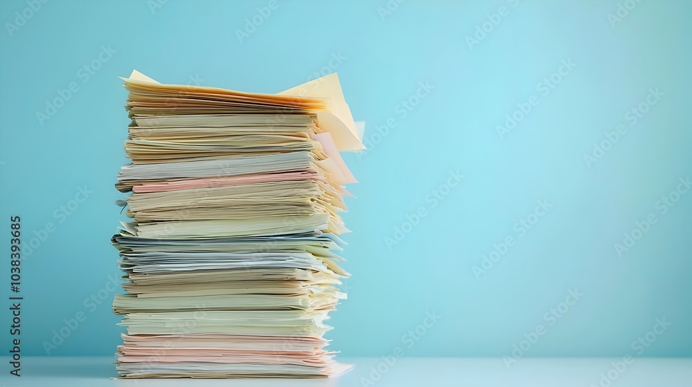 Poster neatly stacked business documents on a clean desk with ample copy space