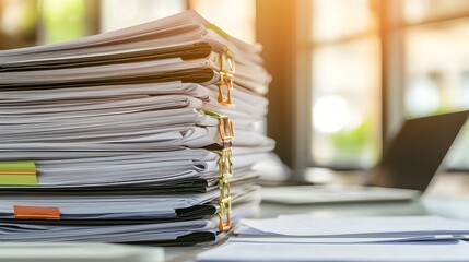 Fototapeta premium Stacked Business Documents on Clean Desk with Copy Space,Minimalist Paperwork Concept