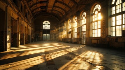 Fototapeta premium Old train station with dramatic lighting highlighting the architecture and creating deep shadows