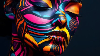 A vibrant AI-generated portrait of a person with geometric face paint and bright colors, blending into abstract shapes.