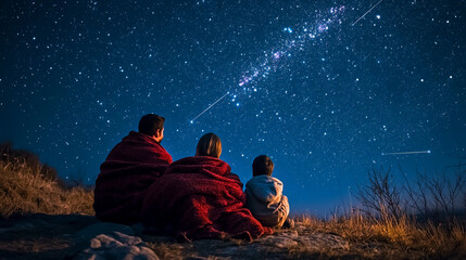 A family of three, an adult male, adult female, and a young boy, sit wrapped in blankets on a hill overlooking a vast, star-filled sky.