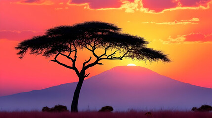 Fototapeta premium Silhouette of a Tree at Sunset Over Mountains.