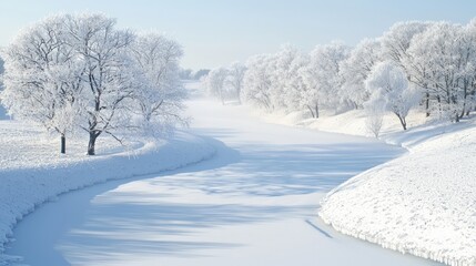 Obraz premium Majestic Ice Age Landscape: Frozen River Winding Through Snow-Covered Valley with Frosty Trees and Subtle Mist - Ultra-Detailed Scene of Winter Wonderland