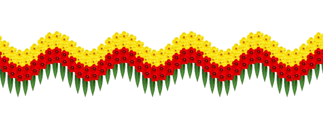 Colorful floral arrangement in a wavy pattern featuring red, yellow, and green elements for festive decoration and Kannada Rajyotsava