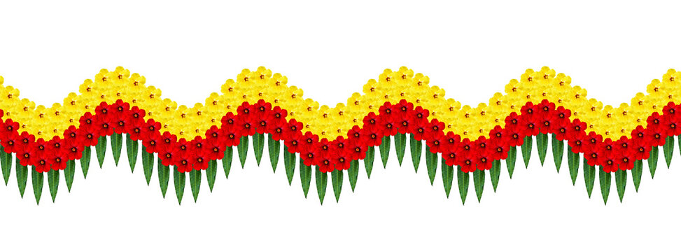 Colorful floral arrangement in a wavy pattern featuring red, yellow, and green elements for festive decoration and Kannada Rajyotsava