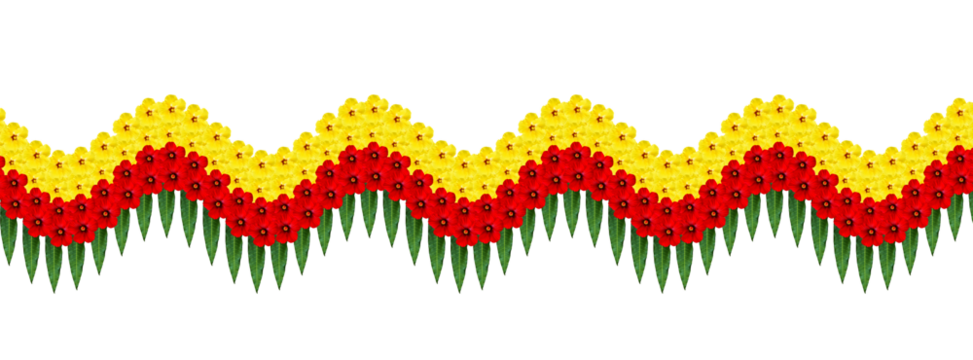Colorful floral arrangement in a wavy pattern featuring red, yellow, and green elements for festive decoration and Kannada Rajyotsava