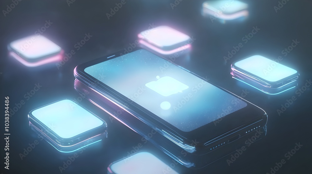 Poster smartphone with floating glowing privacy settings symbolizing data protection