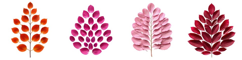 Colorful leaves in shades of orange, pink, and red, isolated on a white background.