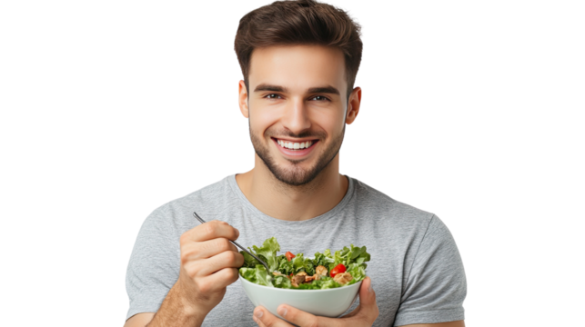 A smiling man enjoys a fresh salad while holding a bowl in a bright kitchen