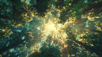 Obraz premium A planet where trees grow miles high, creating a dense canopy. The forest floor is barely visible from above, with entire ecosystems living in the tree branches