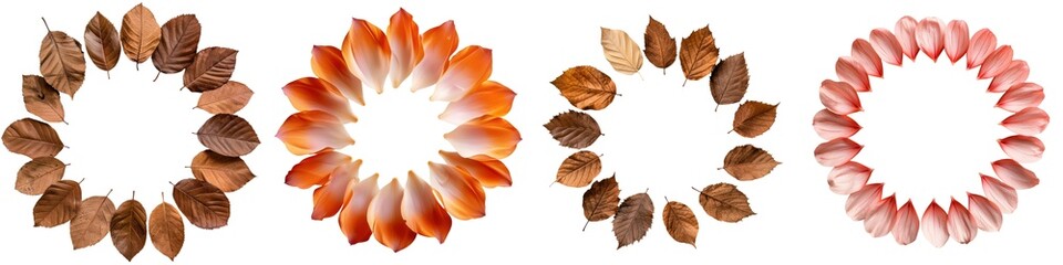 Obraz premium Colorful seed arrangements forming unique floral patterns on a white background.