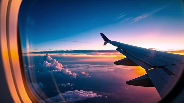 A plane flies over the clouds at sunset, with the sun visible in the background. The window frame on the left adds context to the shot.  