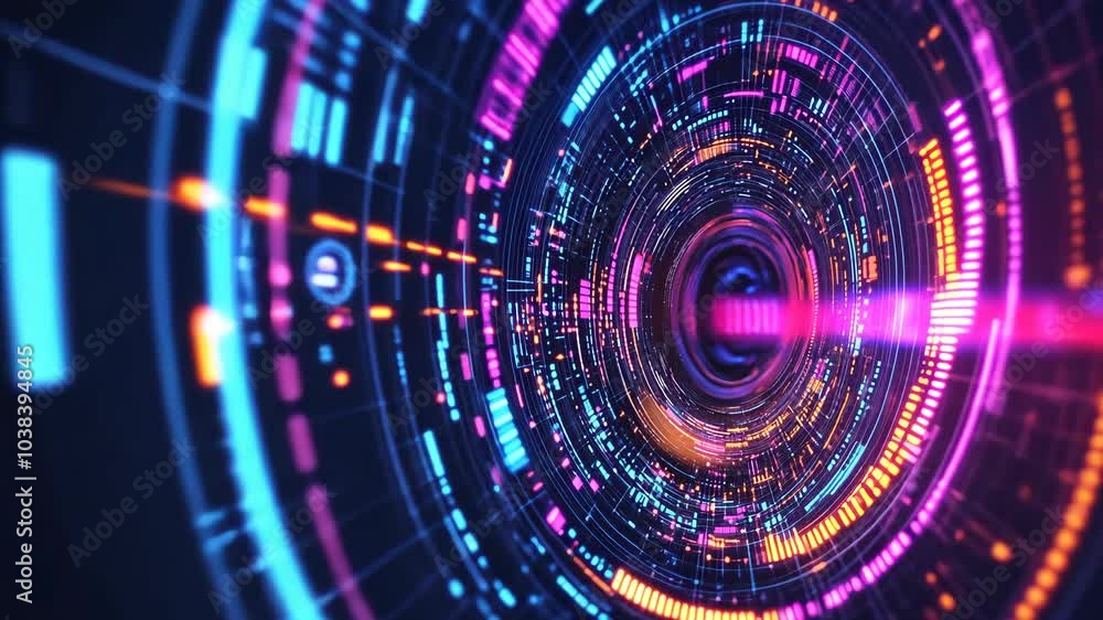 Poster a colorful digital tunnel with glowing lines and circles in a digital space