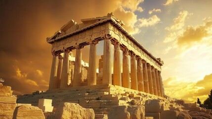 Obraz premium acropolis of athens viewed at sunset, bathed in golden hues, highlighting its ancient architecture against a backdrop of a vibrant sky, evoking a sense of history and grandeur