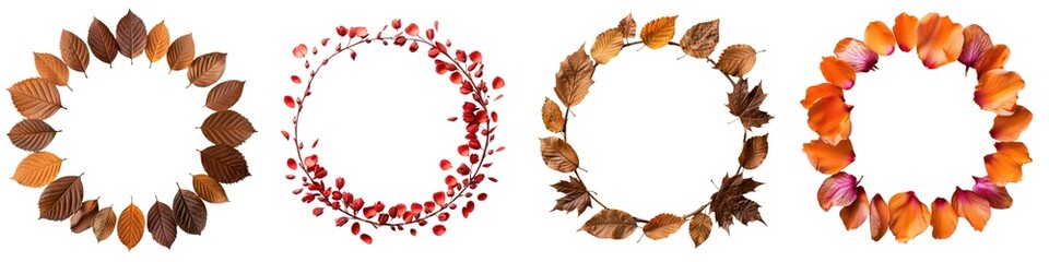 Four beautifully arranged wreaths made of autumn leaves on a white isolated background.